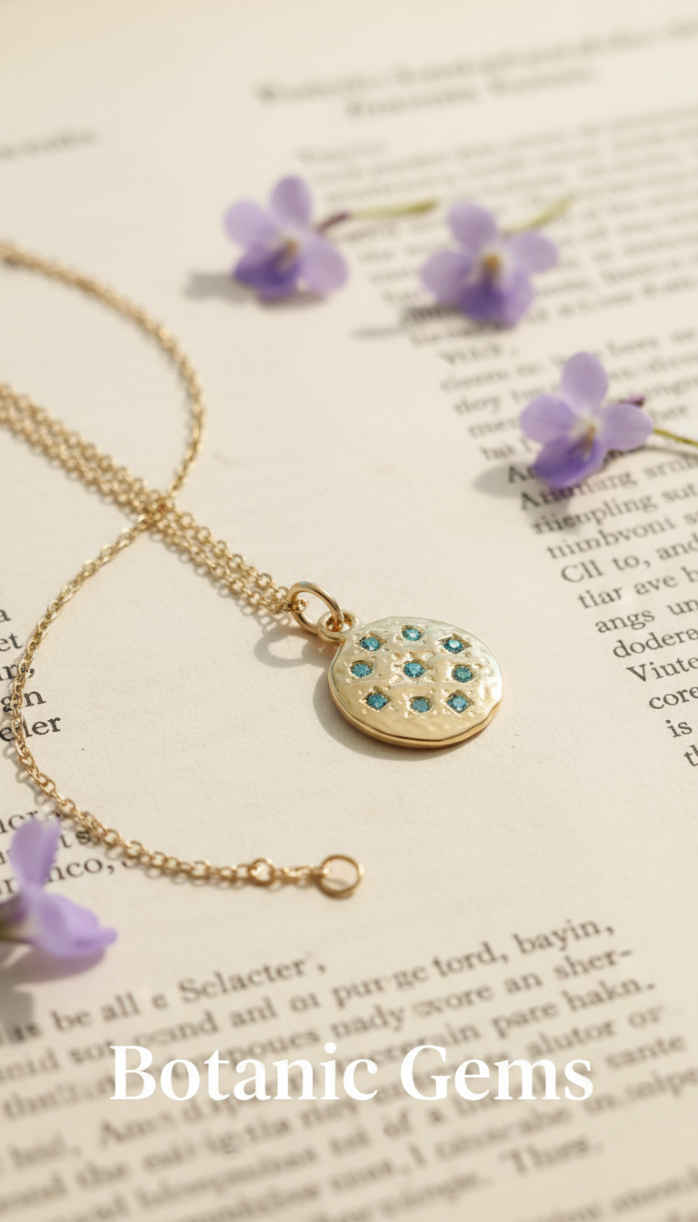 Blue gemstone gold necklace worn on neck Botanic Gems jewelry