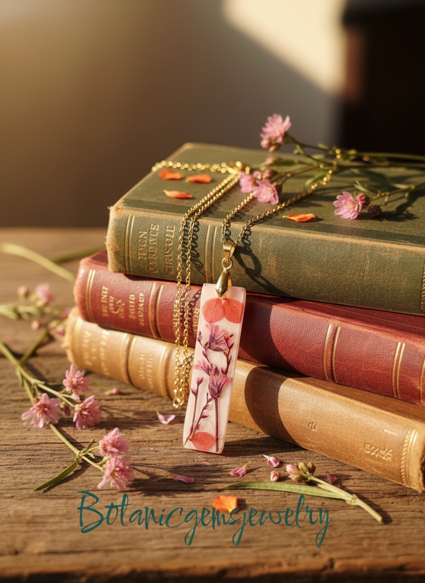 Pink persicaria flower resin pendant necklace with gold chain on vintage books - handmade botanical jewelry"