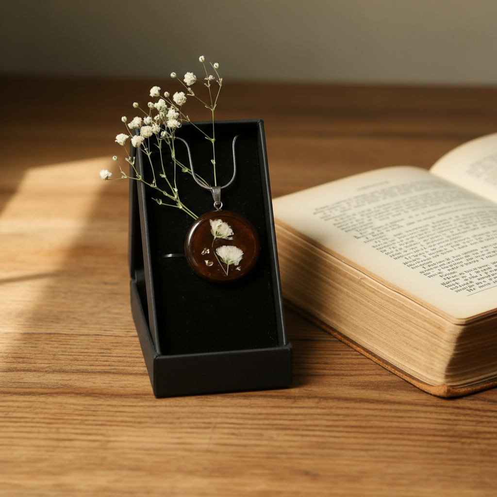 Collar de plata con colgante de resina marrón y flores blancas de gypsophila prensadas sobre libro vintage