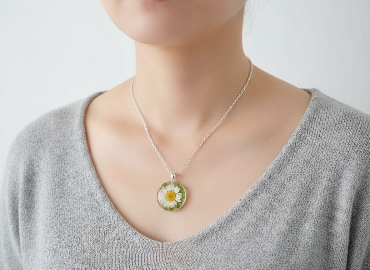Woman wearing clear resin daisy pendant necklace natural lifestyle photo faceless