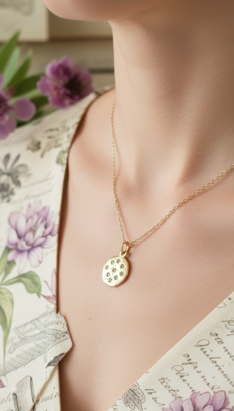 Gold pendant with green crystals worn on neck natural background