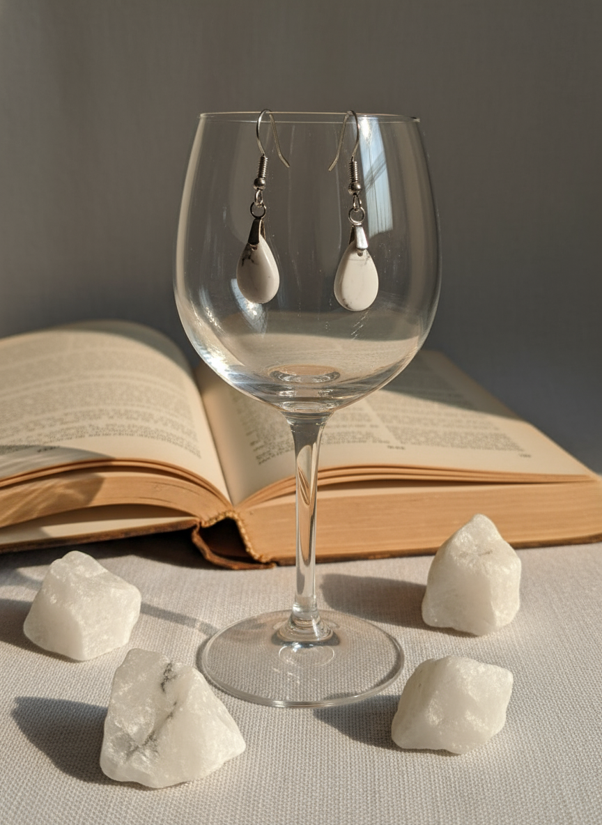 "White howlite teardrop earrings with stainless steel hooks - 1cm calming gemstone jewelry"