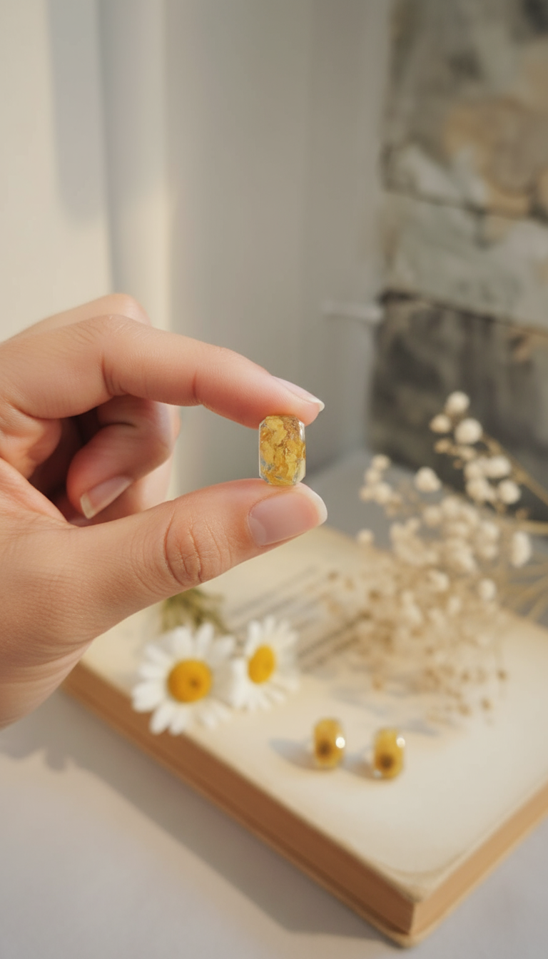 Yellow daisy petal rectangular earrings botanical flat lay with dried flowers and book