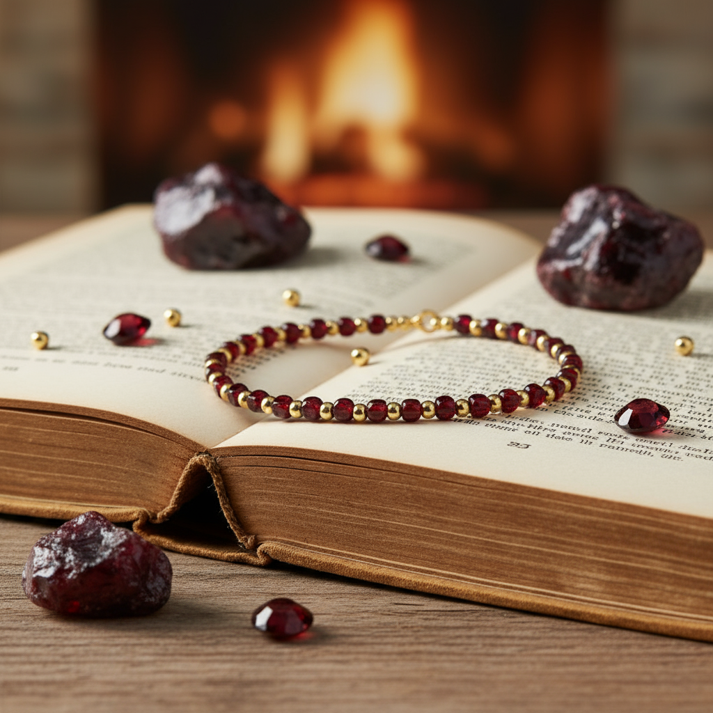 Purple garnet gemstone bracelet with gold beads on vintage book - 2mm faceted square beads handmade jewelry