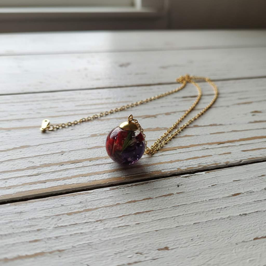 "Real flowers necklace on white wood - botanical jewelry with preserved dried flowers - handcrafted pendant"