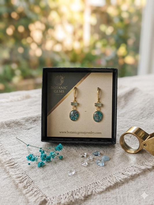Aquamarine earrings with real flowers for weddings, gifts, christenings 