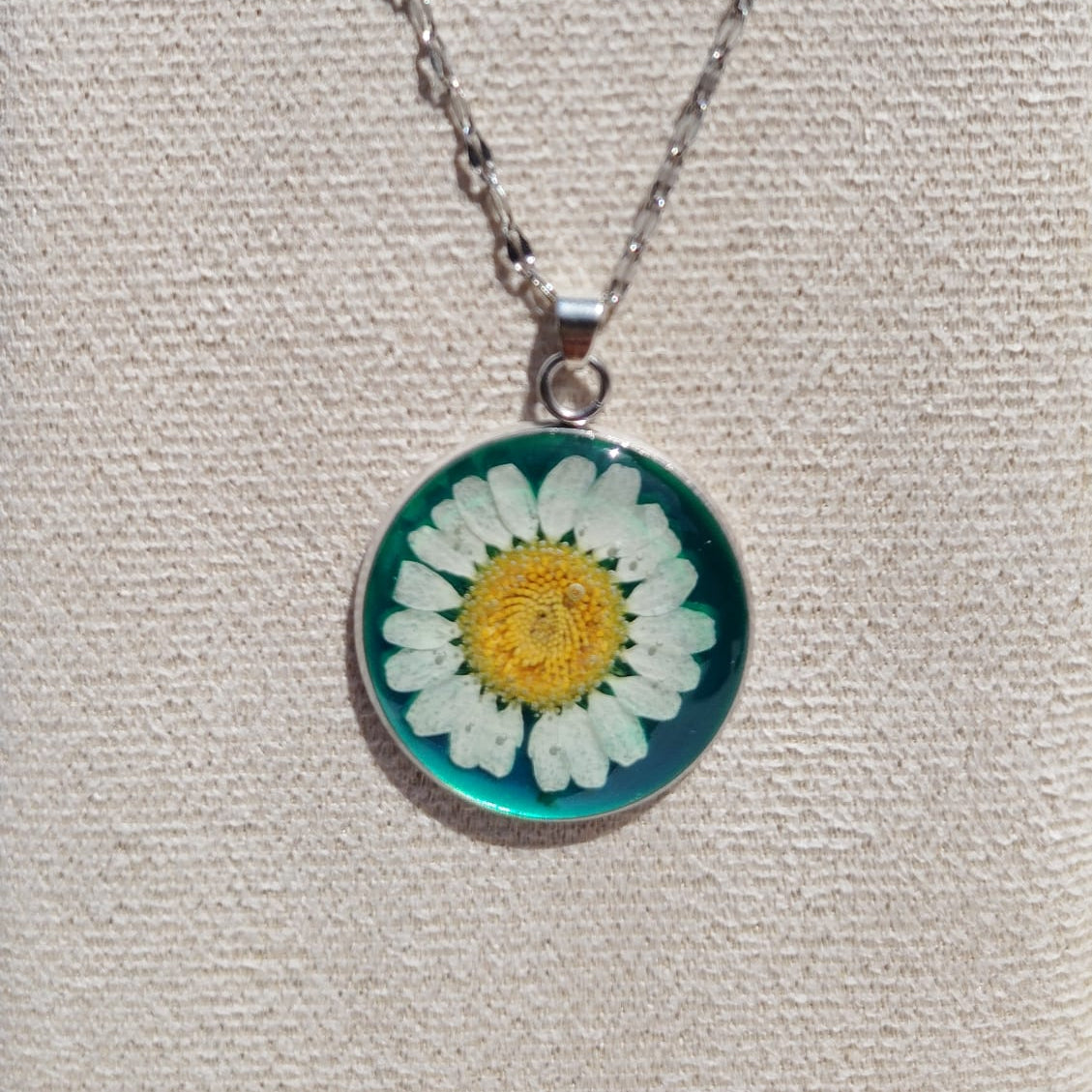 Handmade daisy in green resin pendant, Irish botanical jewelry by Botanic Gems Jewelry
