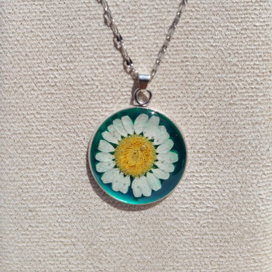 Handmade daisy in green resin pendant, Irish botanical jewelry by Botanic Gems Jewelry