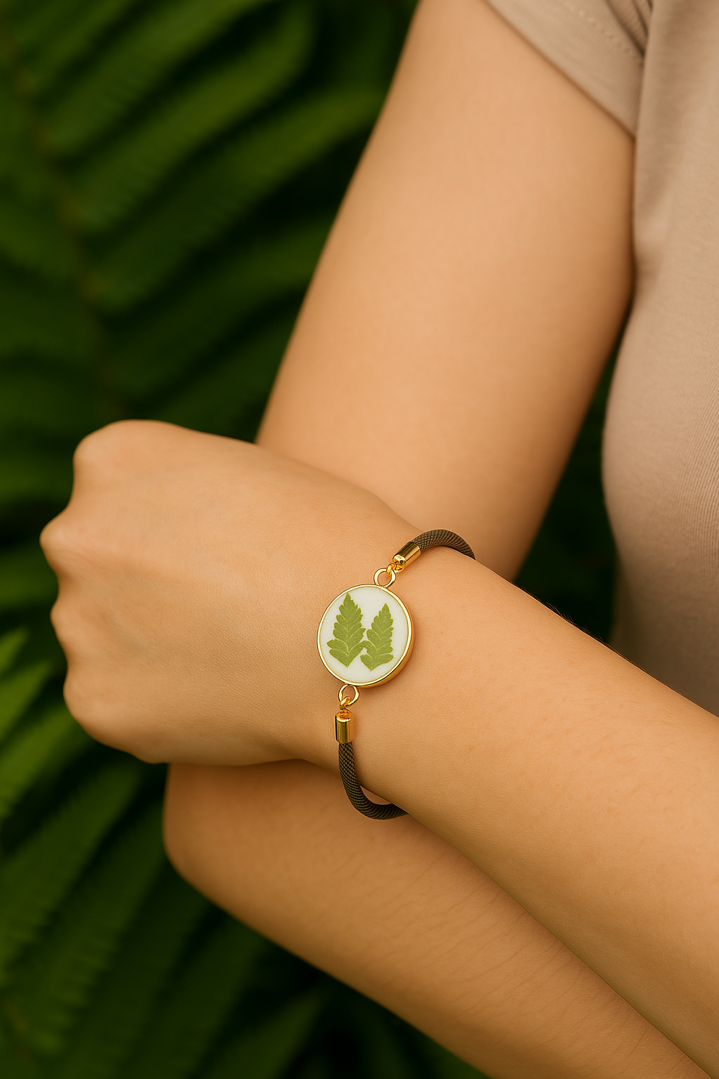 Close-up of preserved fern leaf detail in handmade Irish bracelet by Botanic Gems Jewelry