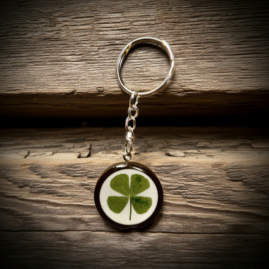 Four leaf clover keyring with real pressed clover preserved in clear resin charm with gold keychain
