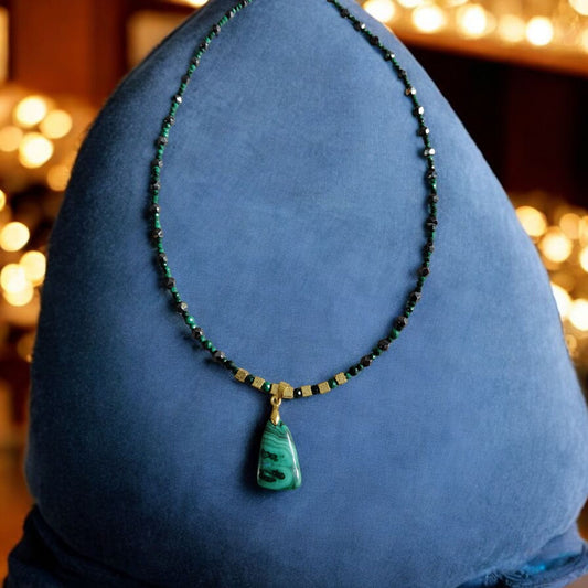 Malachite Necklace with Faceted Hematite - Elegant Handcrafted Design