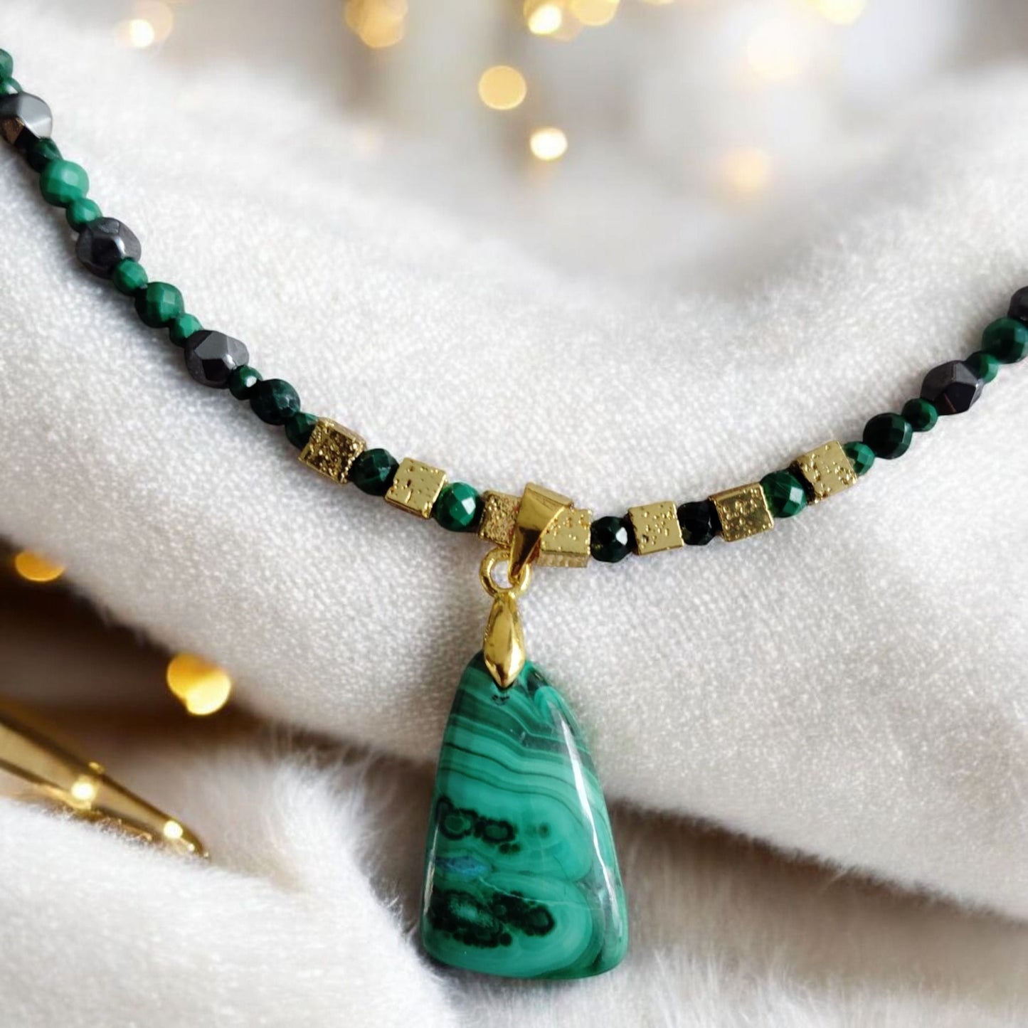 Malachite Necklace with Faceted Hematite - Elegant Handcrafted Design