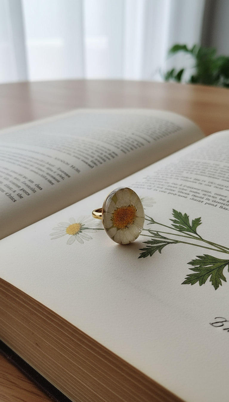 Anillo ajustable de resina con margarita - anillo botánico ovalado flor blanca 2.5cm acero inoxidable"