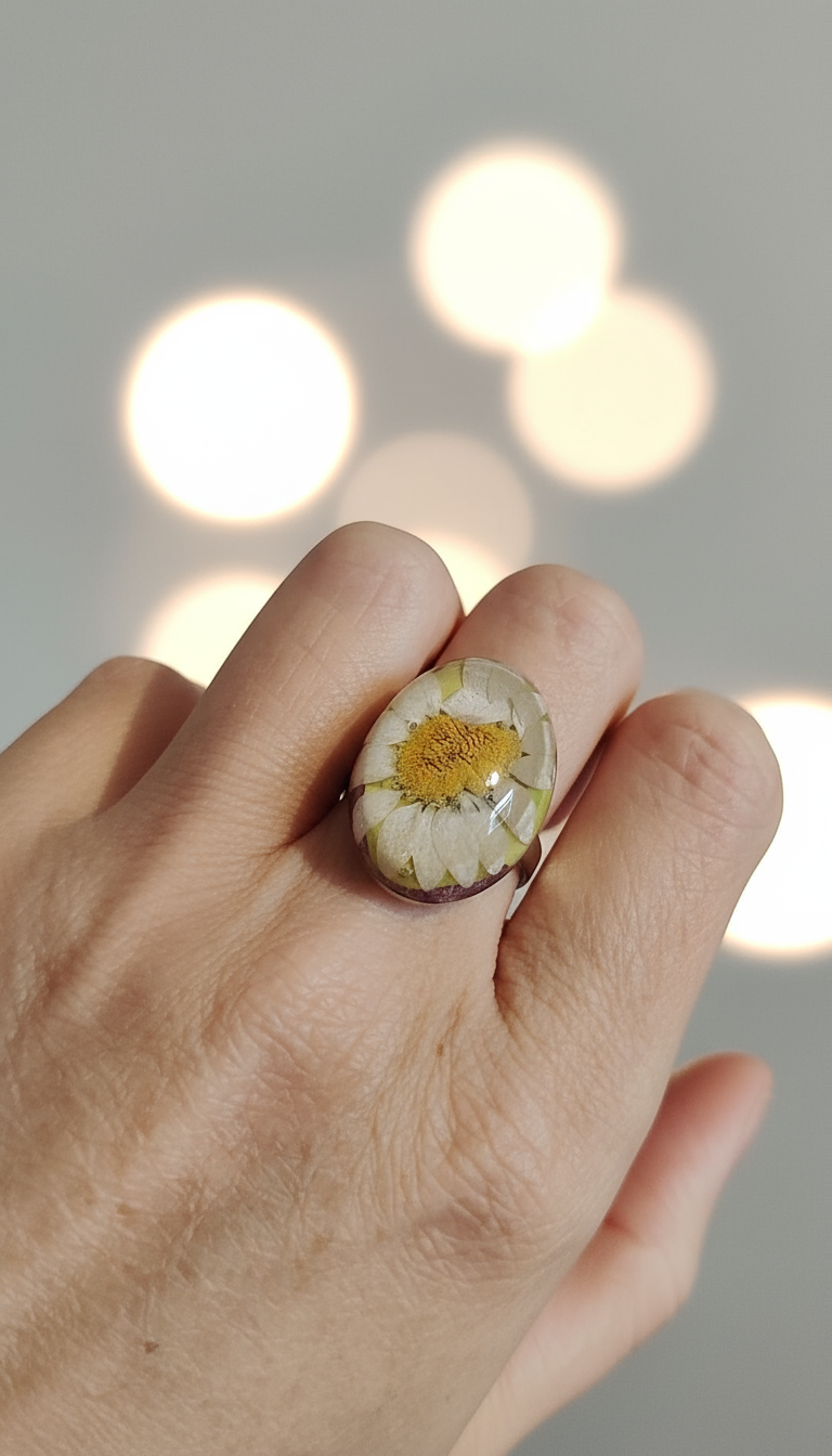 Adjustable daisy resin ring - oval white flower botanical ring 2.5cm stainless steel"
