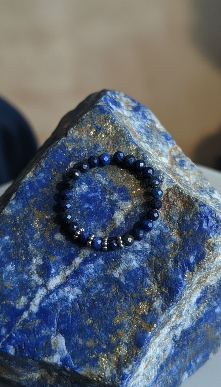 Open lapis lazuli ring with 2mm faceted beads and silver accents, adjustable design 18cm circumference"