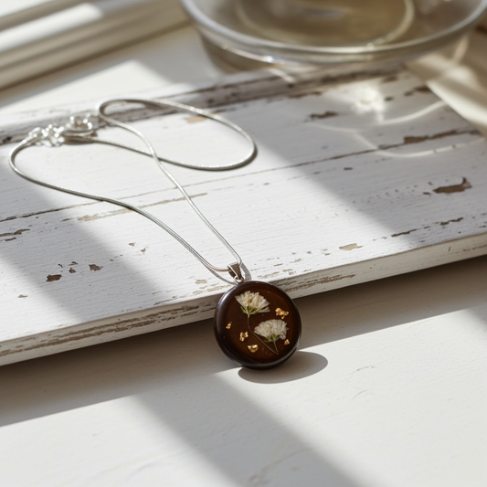 Baby's Breath necklace with white Gypsophila flowers preserved in clear resin pendant on gold chain
