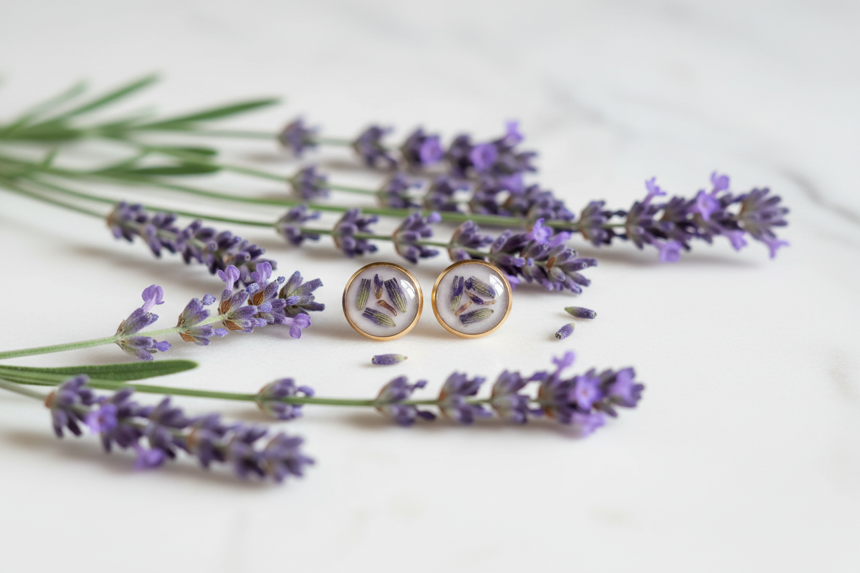 Banner optimizado de pendientes botánicos con lavanda