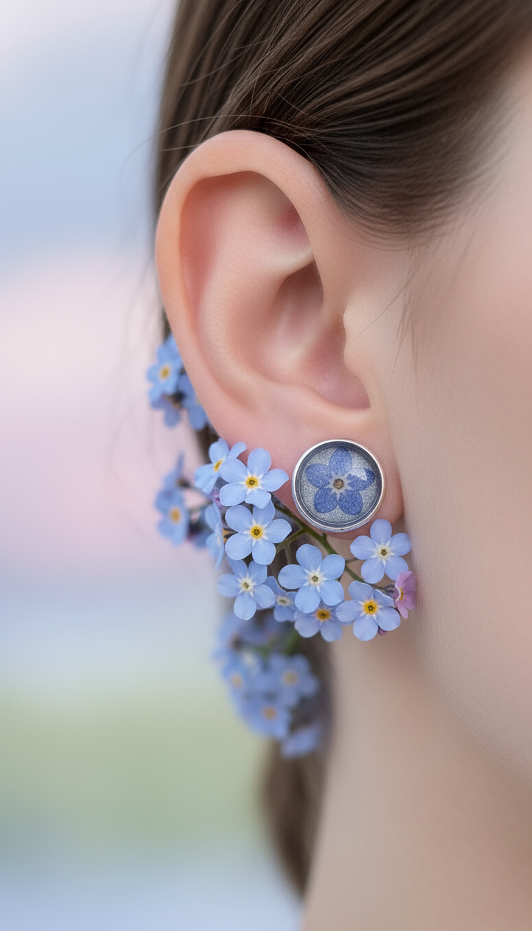 Blue forget-me-not flower earring worn on ear - Botanic Gems jewelry
