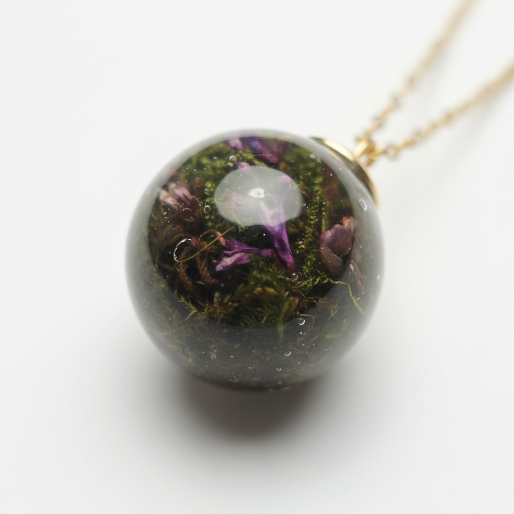 Close-up view of real moss and flowers preserved in glass sphere