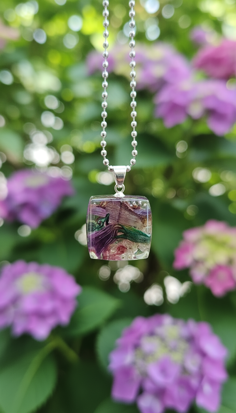 Handcrafted botanical resin necklace with purple and pink flowers