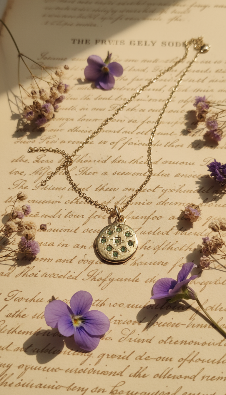 Irish handmade necklace with green gemstones on antique pages