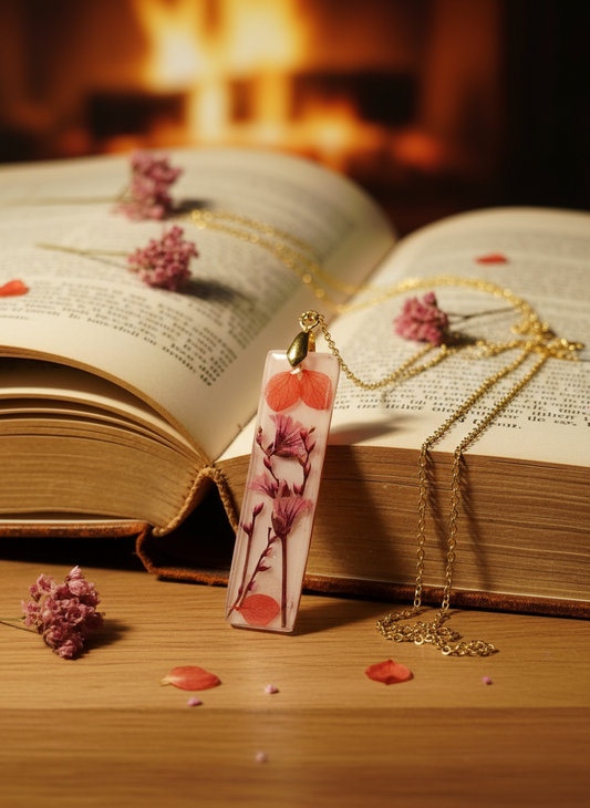 Rectangular resin pendant with pressed pink flowers and orange petals - artisan botanical necklace standing on book"