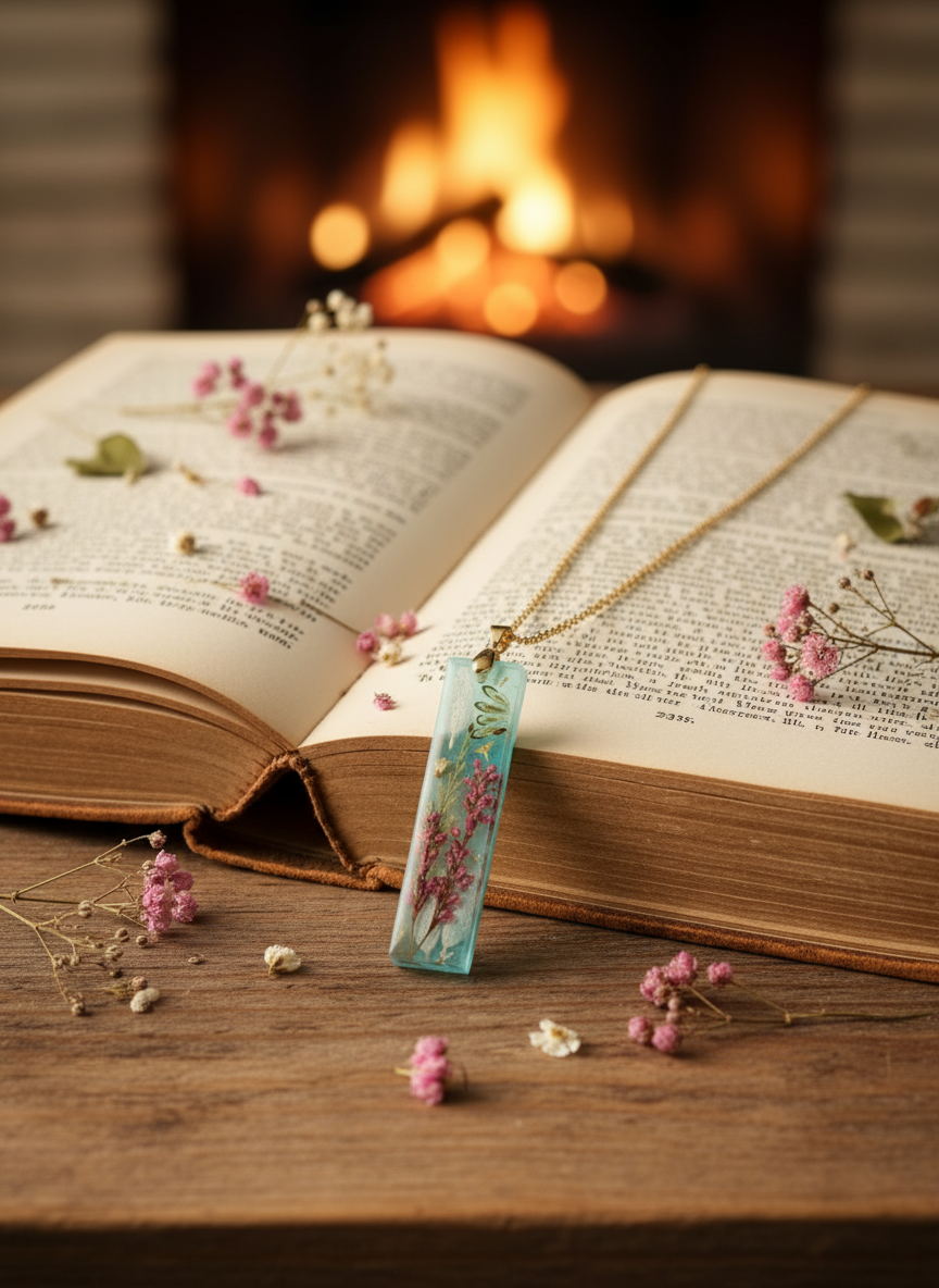 Turquoise blue resin pendant with pressed pink heather flowers on vintage book - handmade botanical necklace with gold chain