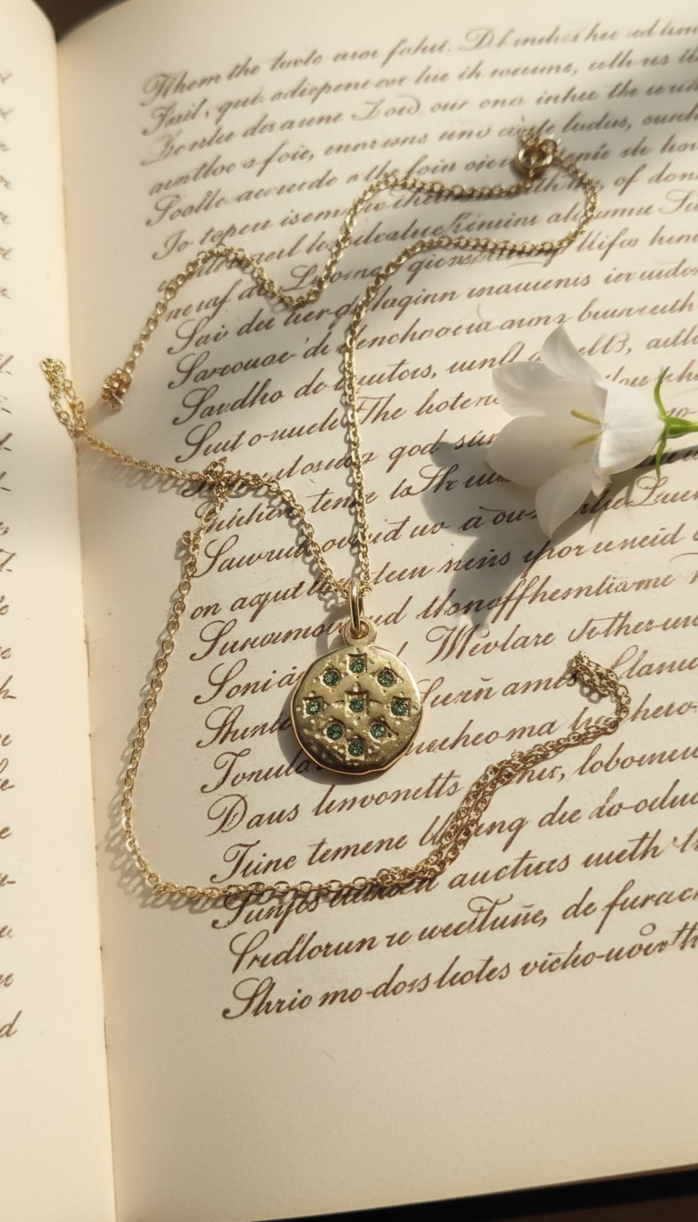 Gold pendant necklace with green crystals on vintage book