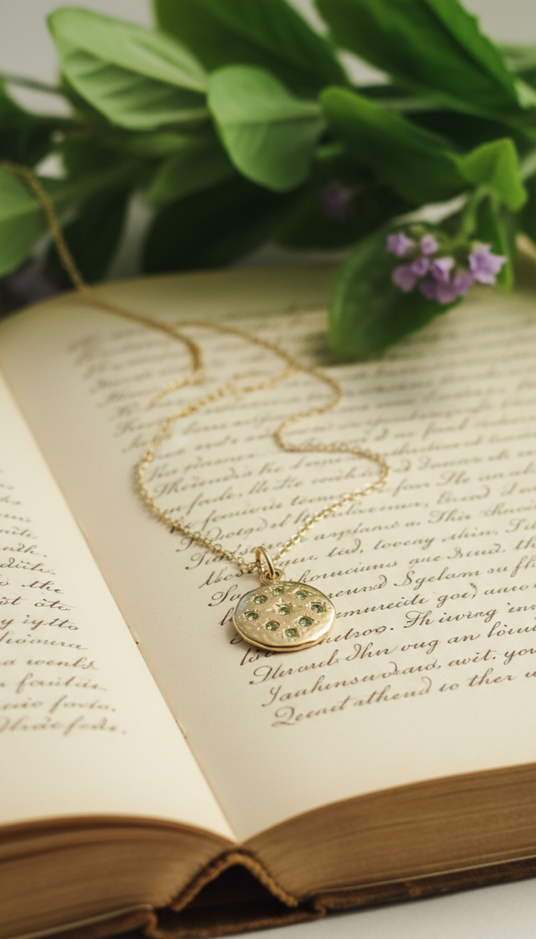 Delicate gold disc pendant with floral crystal pattern