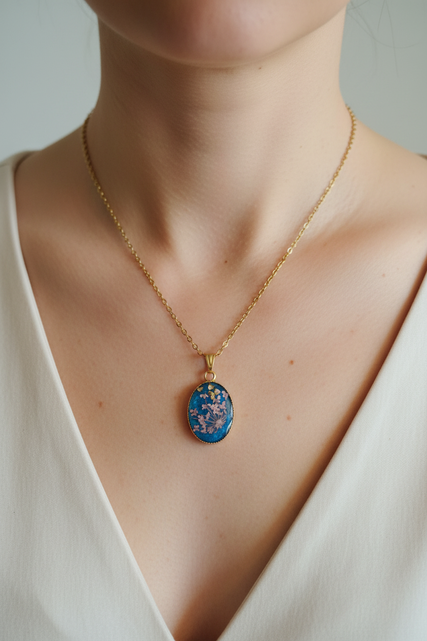 Collar botánico con flores rosas y blancas puesto en cuello