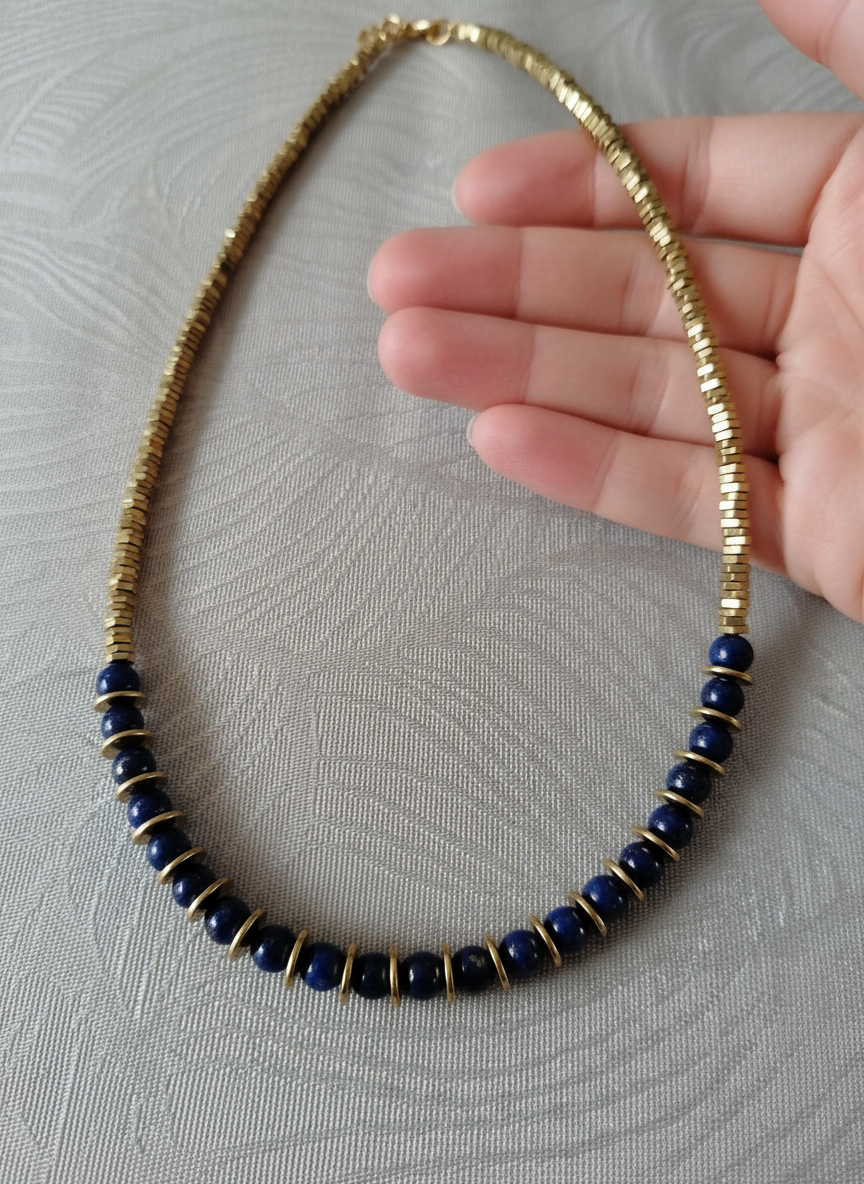Natural lapis lazuli necklace with golden pyrite flecks and gold hematite accents"