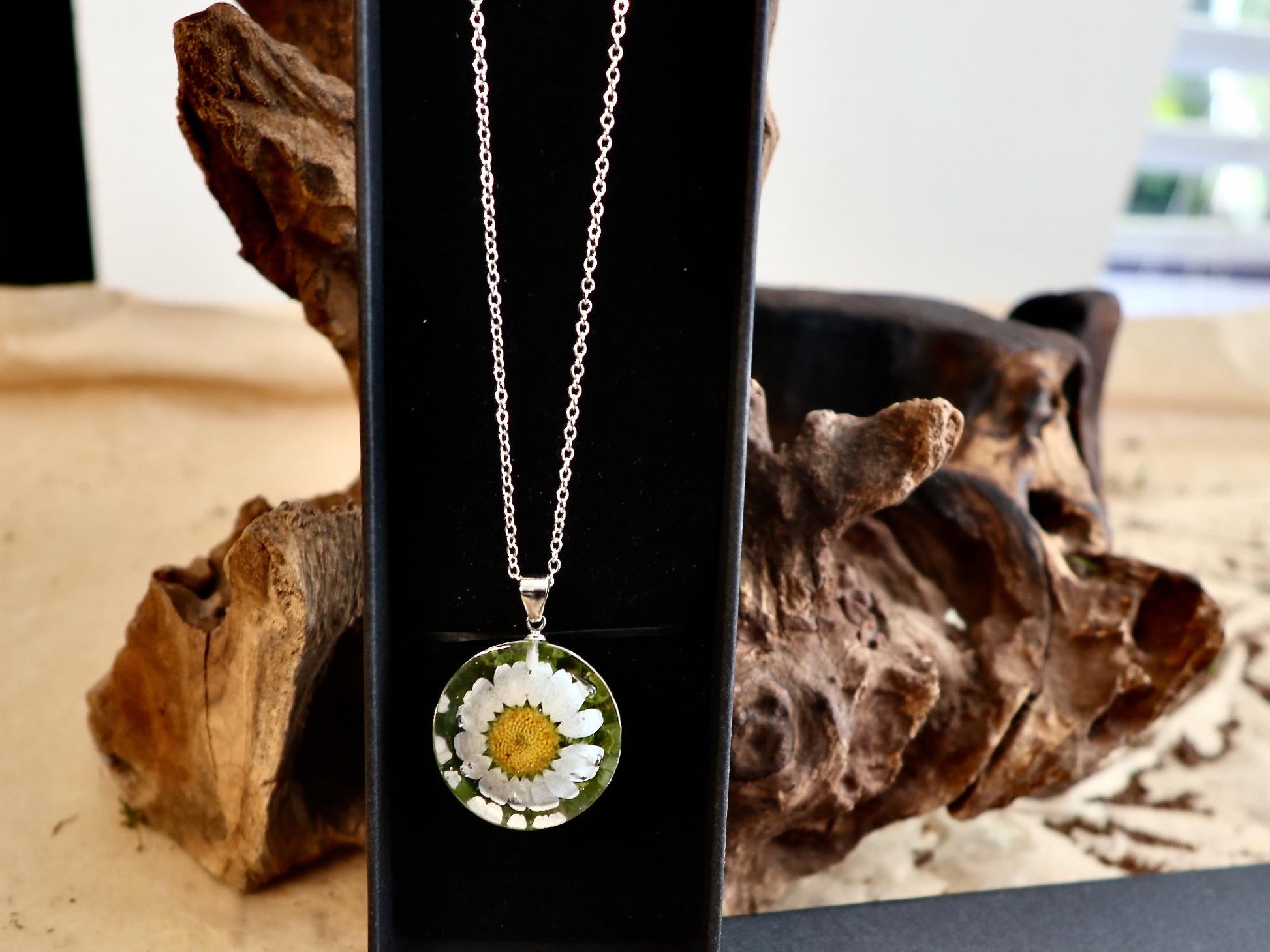 Close-up of a delicate real daisy flower encased in clear resin, showcasing the intricate details of the bloom
