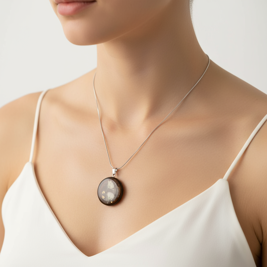 Woman wearing dark brown resin pendant with white baby's breath flowers faceless lifestyle photo"