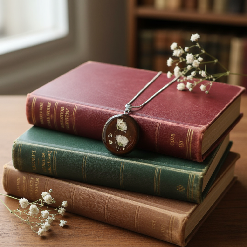 "Colgante de resina con flores blancas preservadas en cadena de plata"