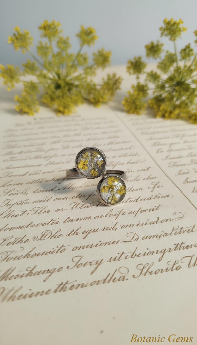 Double pressed flower resin ring on vintage book with yellow Queen Anne's Lace flowers Irish artisan jewelry