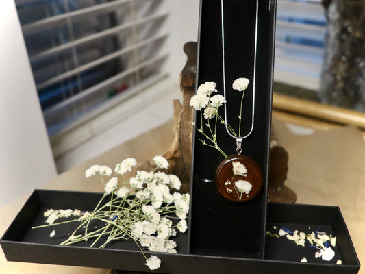 Handmade dried Gypsophila Paniculata (baby's breath) flower jewelry, elegant Irish botanical piece by Botanic Gems Jewelry