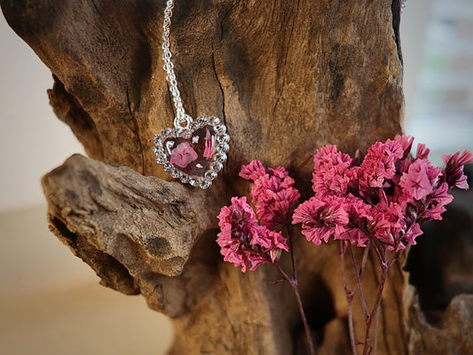 Handmade dried pink limonium flower jewelry, Irish botanical piece by Botanic Gems Jewelry