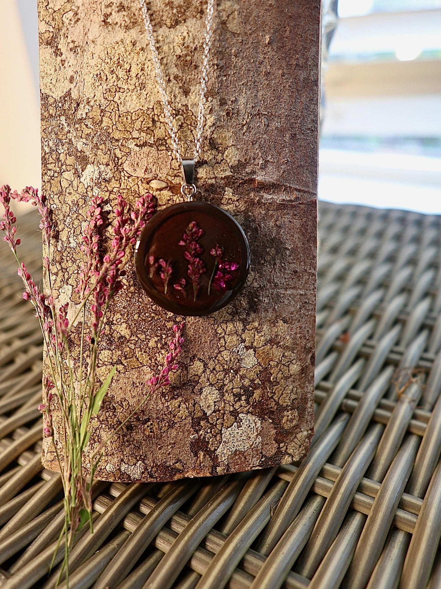 Handmade dried pink persicaria cespitosa pendant, Irish botanical jewelry by Botanic Gems Jewelry