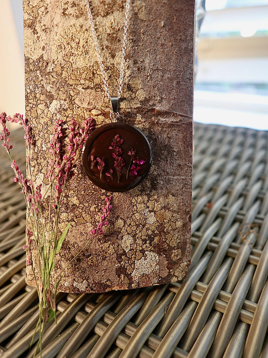 Handmade dried pink persicaria cespitosa pendant, Irish botanical jewelry by Botanic Gems Jewelry