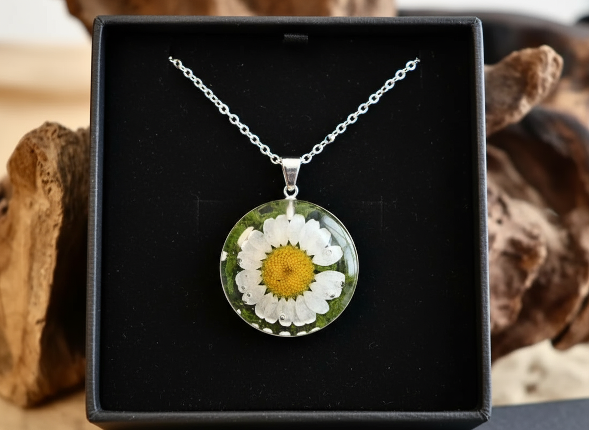 Clear resin daisy pendant necklace with green moss in black jewelry gift box