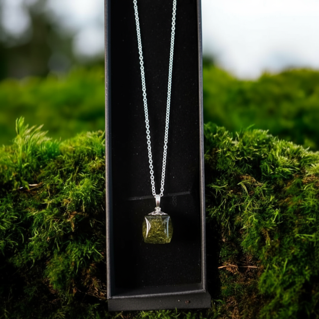 "Moss resin pendant necklace in black jewelry box on natural moss background"