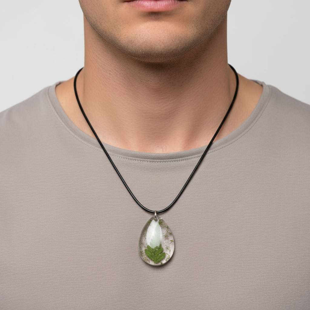 "Man wearing clear resin fern pendant necklace faceless lifestyle photo"