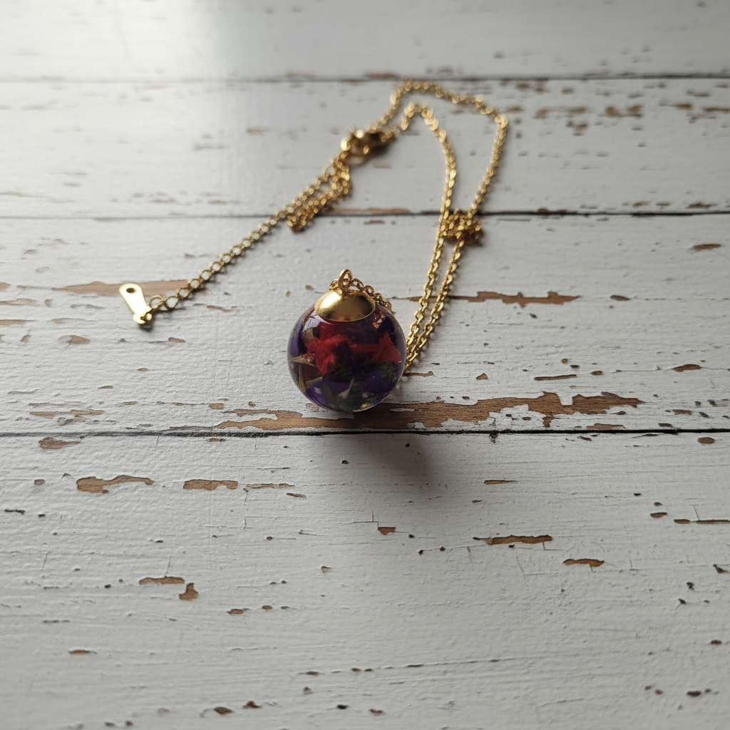 Botanical jewelry - real flowers necklace with 18k gold plated chain - dried flowers in glass sphere"