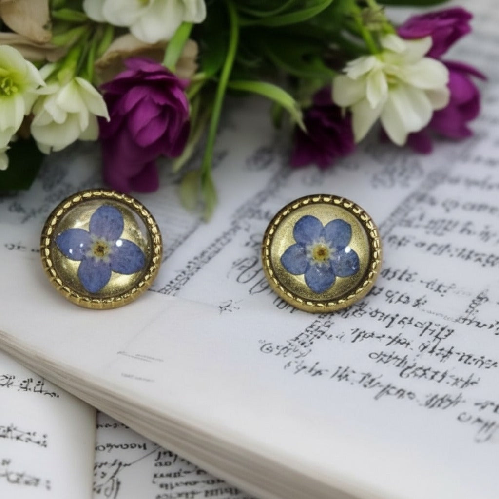 Blue forget me not pressed flower stud earrings hypoallergenic stainless steel posts