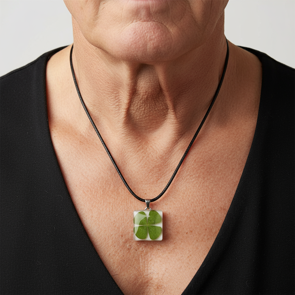 "Mature man wearing clear resin four leaf clover pendant necklace faceless wrinkled neck natural