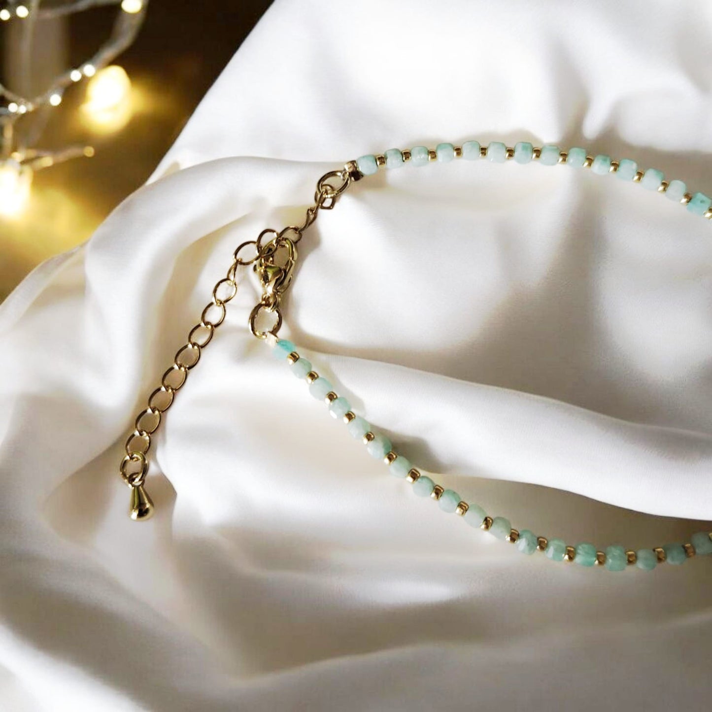Aquamarine Gemstone Bracelet with 2mm Faceted Square Beads and Gold Accents
