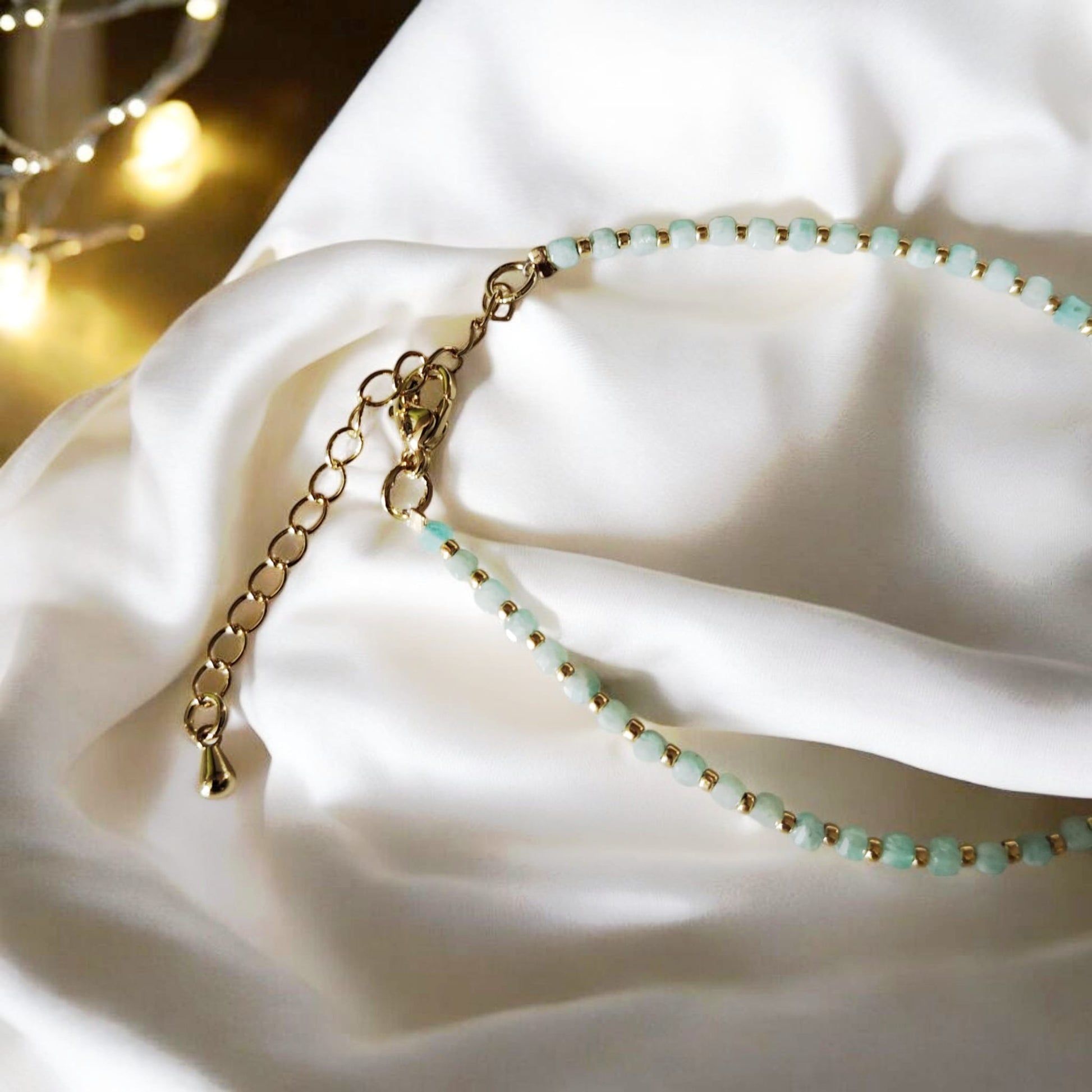 Aquamarine Gemstone Bracelet with 2mm Faceted Square Beads and Gold Accents