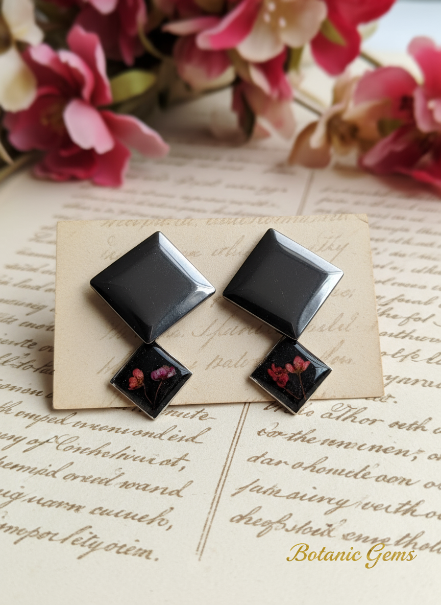 Red Narcissus Resin Earrings - Stainless Steel Double Square Drop