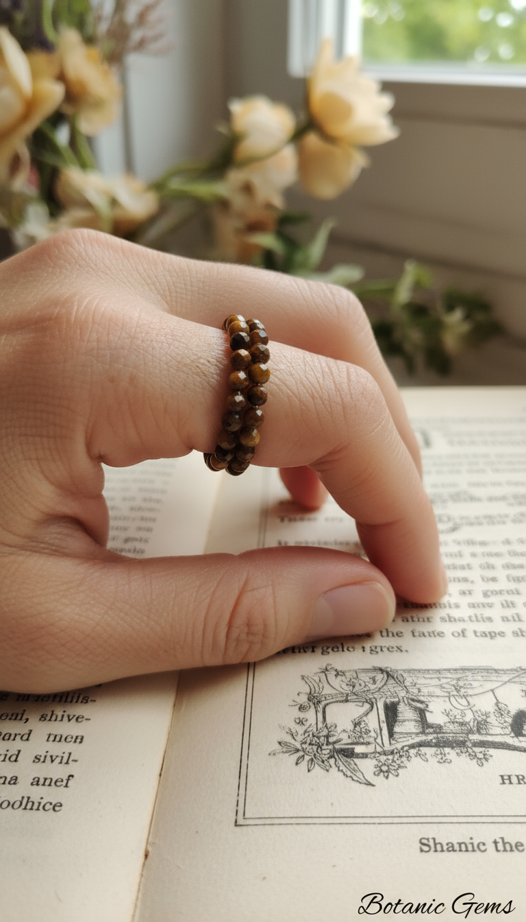 Tiger eye gemstone ring on vintage book with botanical styling