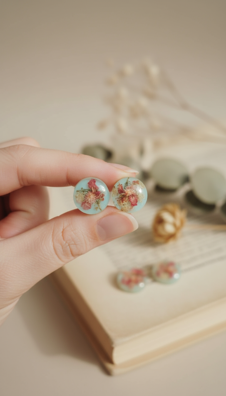 Hand holding light blue resin circular earrings with pressed flowers lifestyle photo
